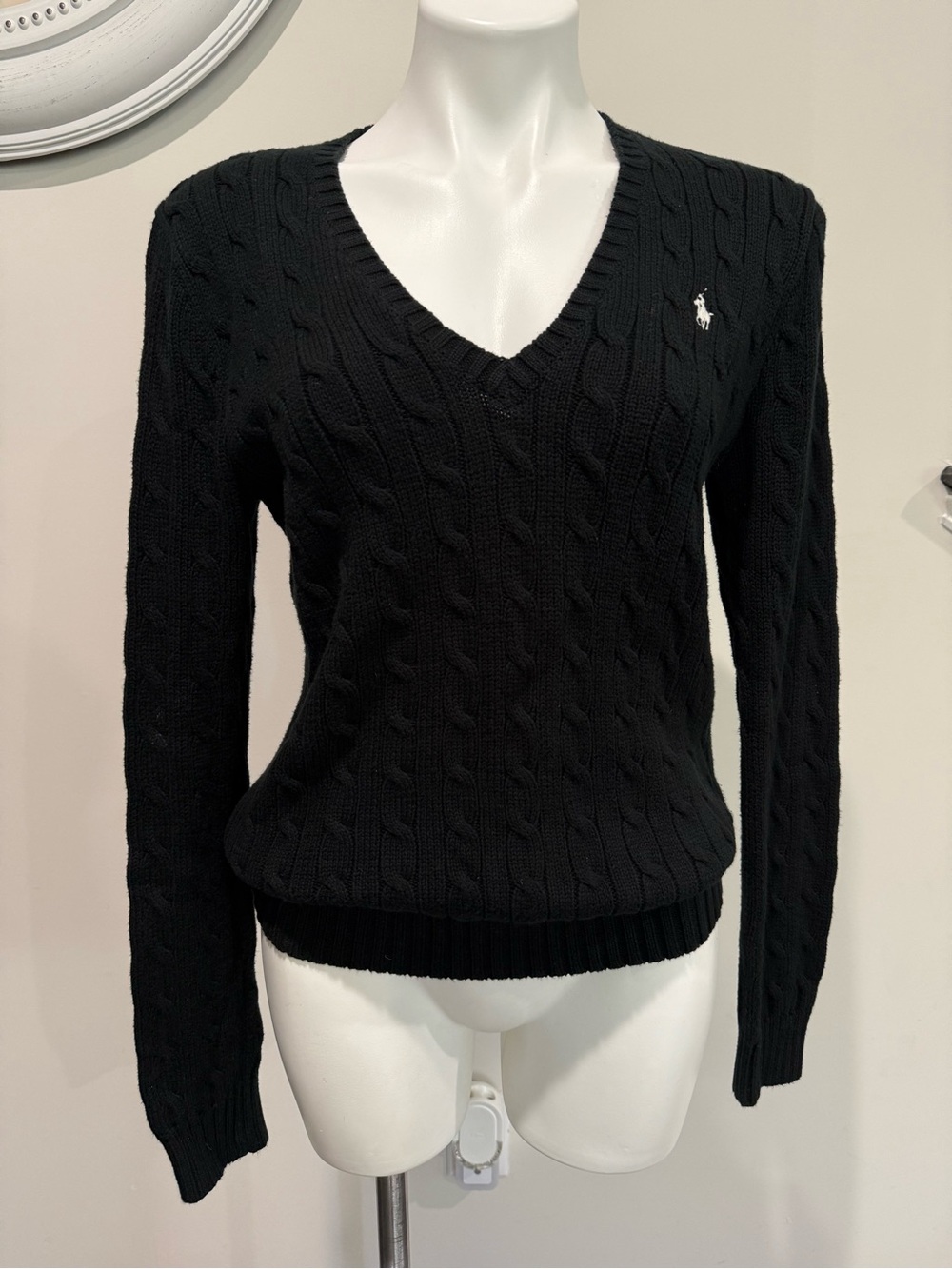 Ralph Lauren Sport Black Cable-Knit V-Neck Sweater vintage Women's Large